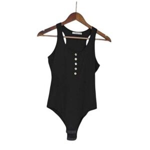 REORIA Black Ribbed Snap Front Tank Bodysuit Size S